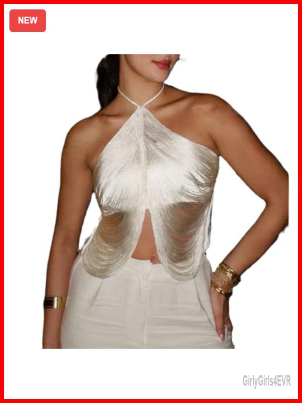 Fringe Crop Top Sleeveless Halter Neck Pull On Slim Fit Polyester Women's